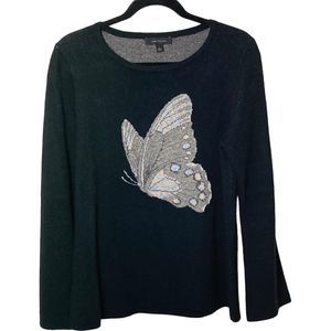 Ann Taylor Sweater Black w/ Butterfly Womens Large Black Wool Blend Bell Sleeve